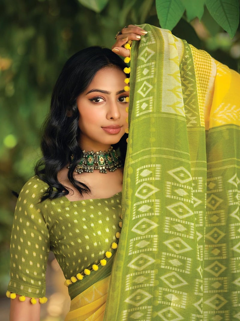 SAREE MALL Women's Cotton Blend Ikat Printed Saree With Unstitched Blouse Piece(Yellow_PUMPUM11I_SR) - Image 2