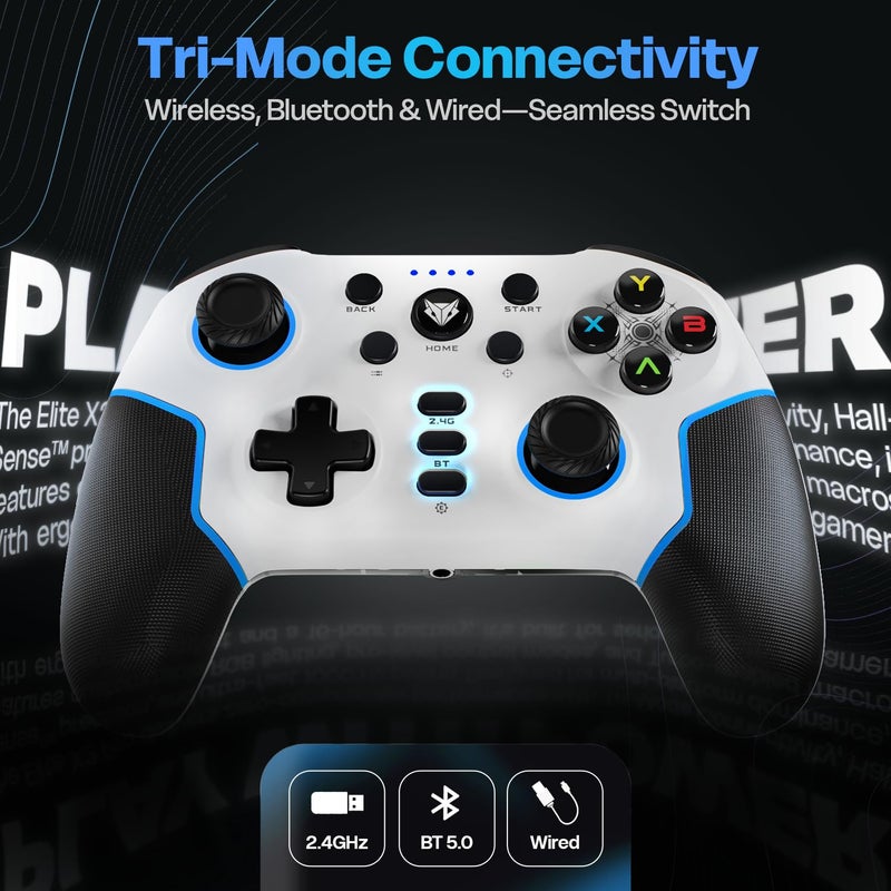 EvoFox Elite X2 Pro Gaming Controller for PC, Tri-Mode 2.4G/BT/Wired Gamepad, HallSense Magnetic Triggers & Joysticks, 1000Hz Polling, RGB, Replaceable JoySticks, Turbo Mode, 16h Battery (White) - Image 2