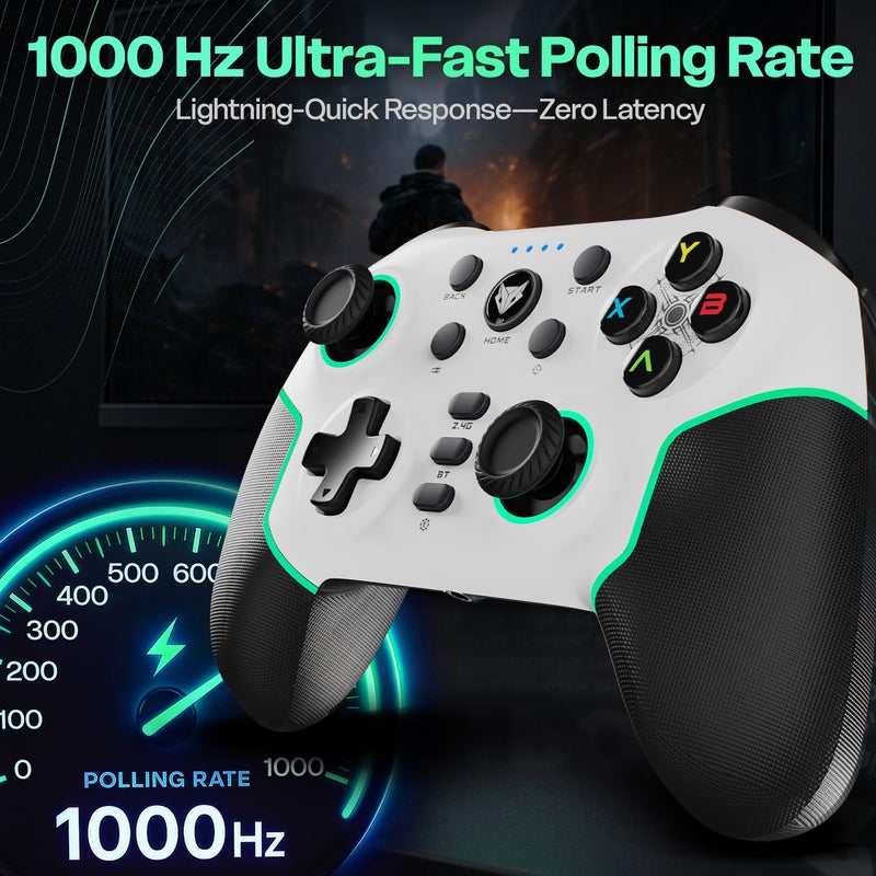 EvoFox Elite X2 Pro Gaming Controller for PC, Tri-Mode 2.4G/BT/Wired Gamepad, HallSense Magnetic Triggers & Joysticks, 1000Hz Polling, RGB, Replaceable JoySticks, Turbo Mode, 16h Battery (White) - Image 4