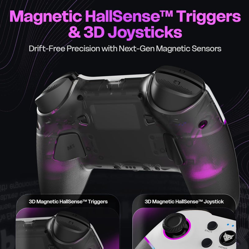 EvoFox Elite X2 Pro Gaming Controller for PC, Tri-Mode 2.4G/BT/Wired Gamepad, HallSense Magnetic Triggers & Joysticks, 1000Hz Polling, RGB, Replaceable JoySticks, Turbo Mode, 16h Battery (White) - Image 3