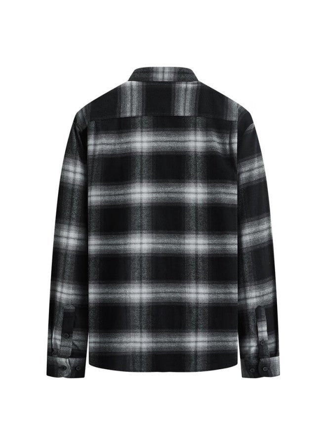 Dance With Wolves 100% Premium Cotton Versatile Commuter Long Sleeve Plaid Shirt Casual Jacket For Men 001 Black M