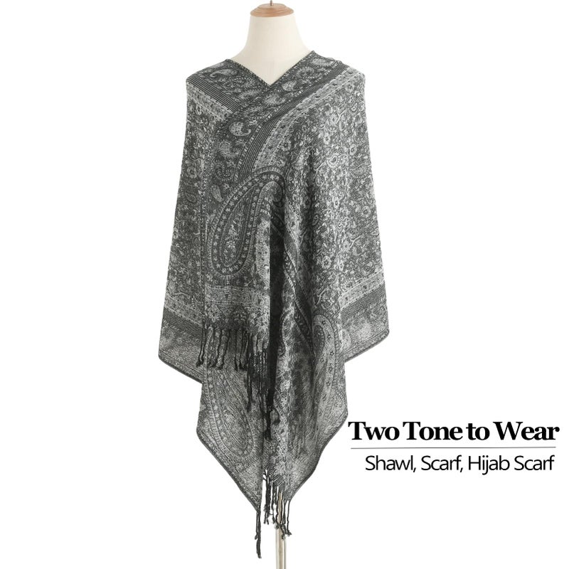 Nonakgado Rave Pashmina Scarf-Winter Warm Paisley Jacquard Pashmina Shawls and Wraps with Fringes(Sy3-Black Silver) - Image 2