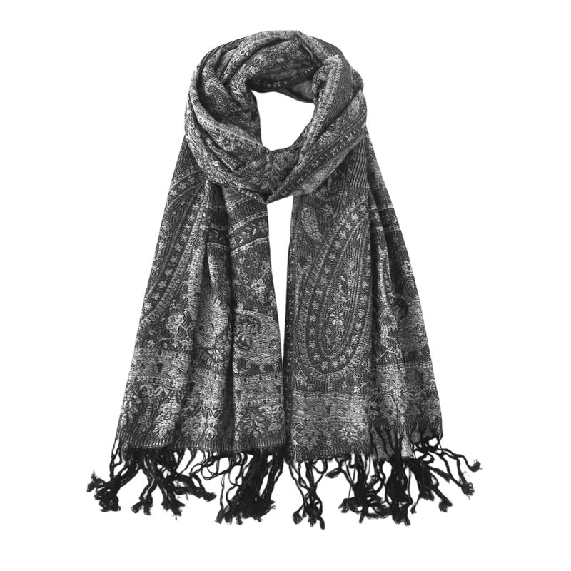 Nonakgado Rave Pashmina Scarf-Winter Warm Paisley Jacquard Pashmina Shawls and Wraps with Fringes(Sy3-Black Silver) - Image 1