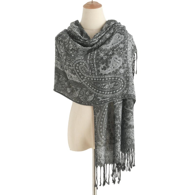 Nonakgado Rave Pashmina Scarf-Winter Warm Paisley Jacquard Pashmina Shawls and Wraps with Fringes(Sy3-Black Silver) - Image 3