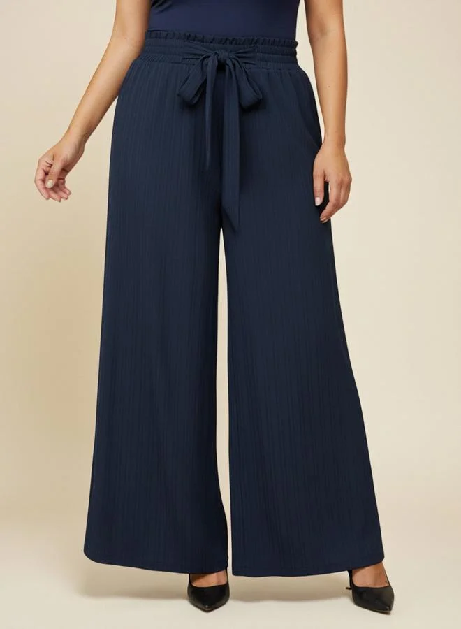 Take Two Plus Size Blue Tie-Up Detail Ribbed Wide Leg Trousers