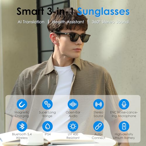 GetD AI Glasses for Men & Women, Smart Glasses Powered by ChatGPT, AI Real-time Translation with 147 Languages, Nylon Polarized Sunglasses, Bluetooth Sunglasses with Built-in Mic & Speakers - Image 2
