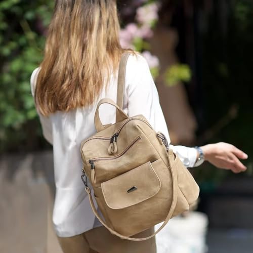 WYFJNX PU Leather Backpack Purse for Women Fashion Multipurpose Design Handbag Ladies Shoulder Bags Travel Backpack Khaki - Image 5