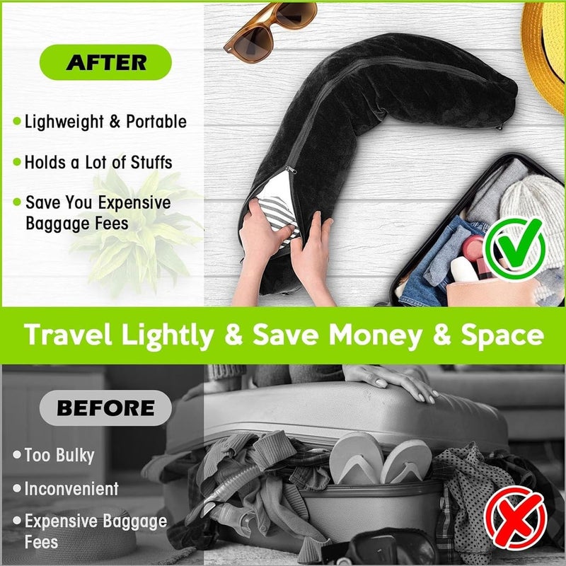 Tbest Stuffable Travel Pillow, U Shape Pillow Storage Travel Soft Velvet Neck Case Cover with Adjustable Strap Fillable Storage Bag (Black - Image 2
