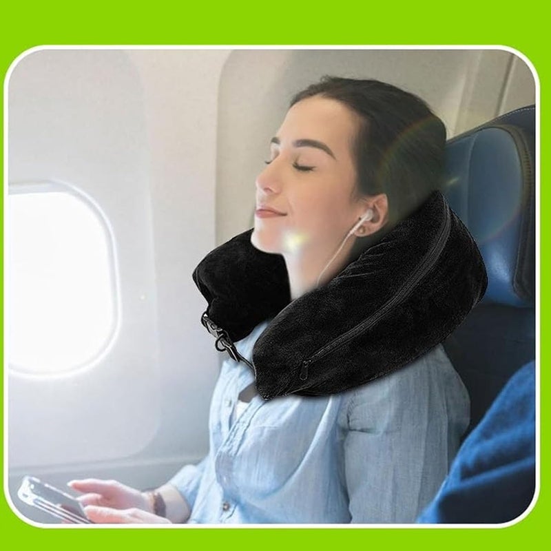 Tbest Stuffable Travel Pillow, U Shape Pillow Storage Travel Soft Velvet Neck Case Cover with Adjustable Strap Fillable Storage Bag (Black - Image 3
