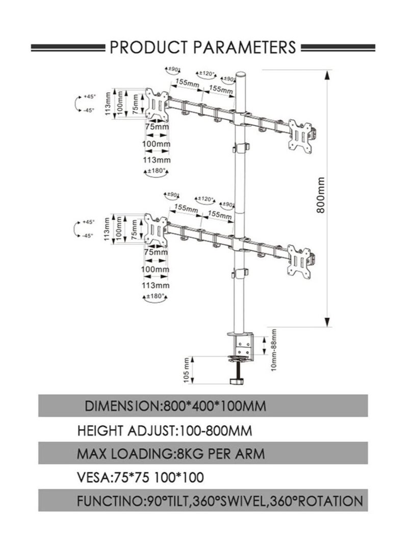 Quad LED LCD Monitor Desk Mount Adjustable Stand Holder Heavy Duty for 4 Screens 14"-26" | Height Adjustable | Gaming | Trading | Video Editing | Surveillance - Image 5