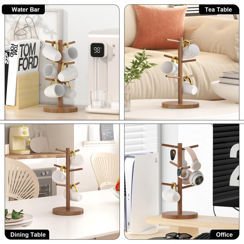 Wisuce Bamboo Coffee Mug Holder Tree, Thicker Base Coffee Cup Holder Stand for Counter, Countertop Mug Rack Organizer with 6 Hooks (Brown - Image 5