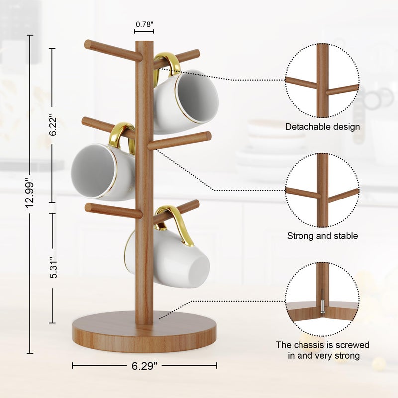 Wisuce Bamboo Coffee Mug Holder Tree, Thicker Base Coffee Cup Holder Stand for Counter, Countertop Mug Rack Organizer with 6 Hooks (Brown - Image 4
