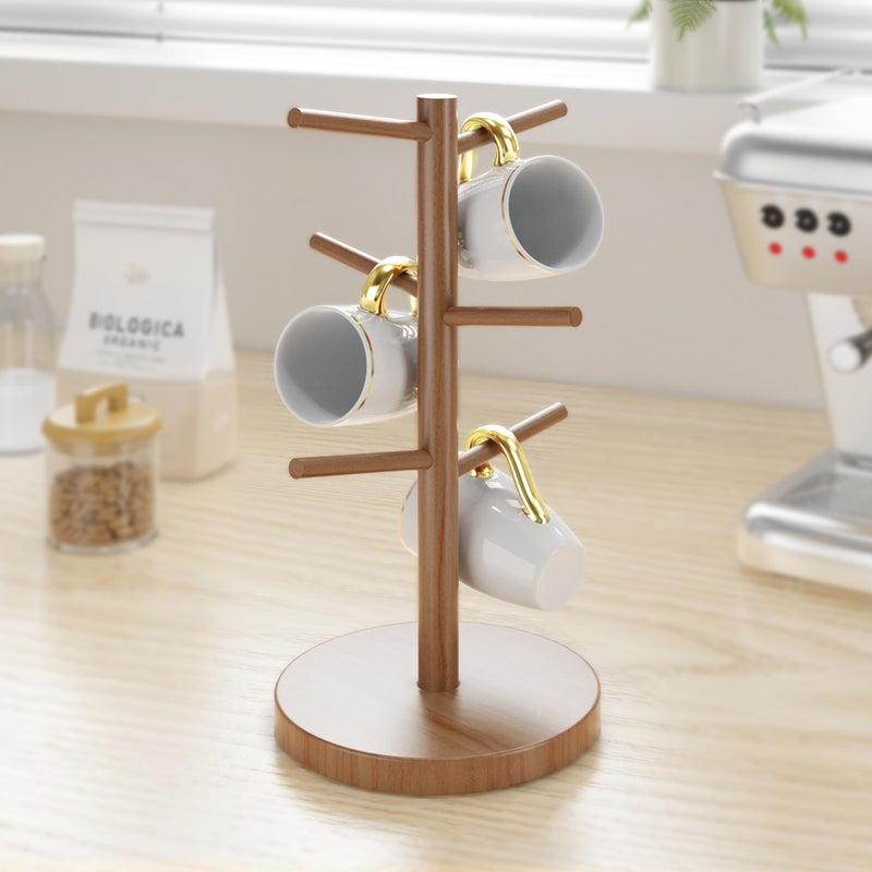 Wisuce Bamboo Coffee Mug Holder Tree, Thicker Base Coffee Cup Holder Stand for Counter, Countertop Mug Rack Organizer with 6 Hooks (Brown - Image 2