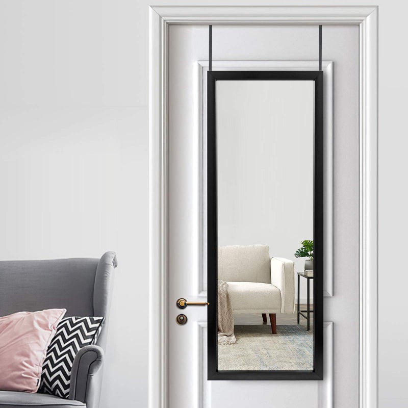MIRUO Over The Door Mirror Full Length with Hanging Brackets or Leaning Against Wall Mounted On Wall Door 44x16 Black JJ01397AAF AM002