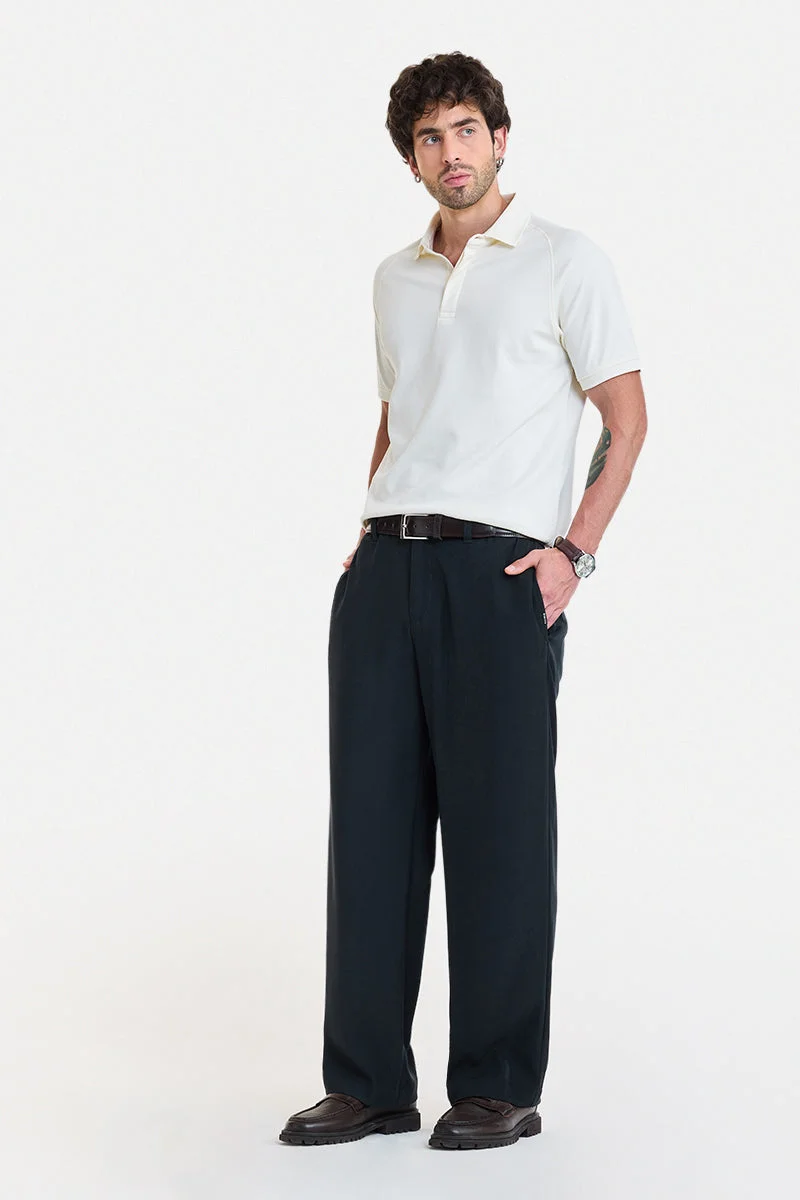 SNITCH Navy Blue Textured Relaxed Casual Trousers