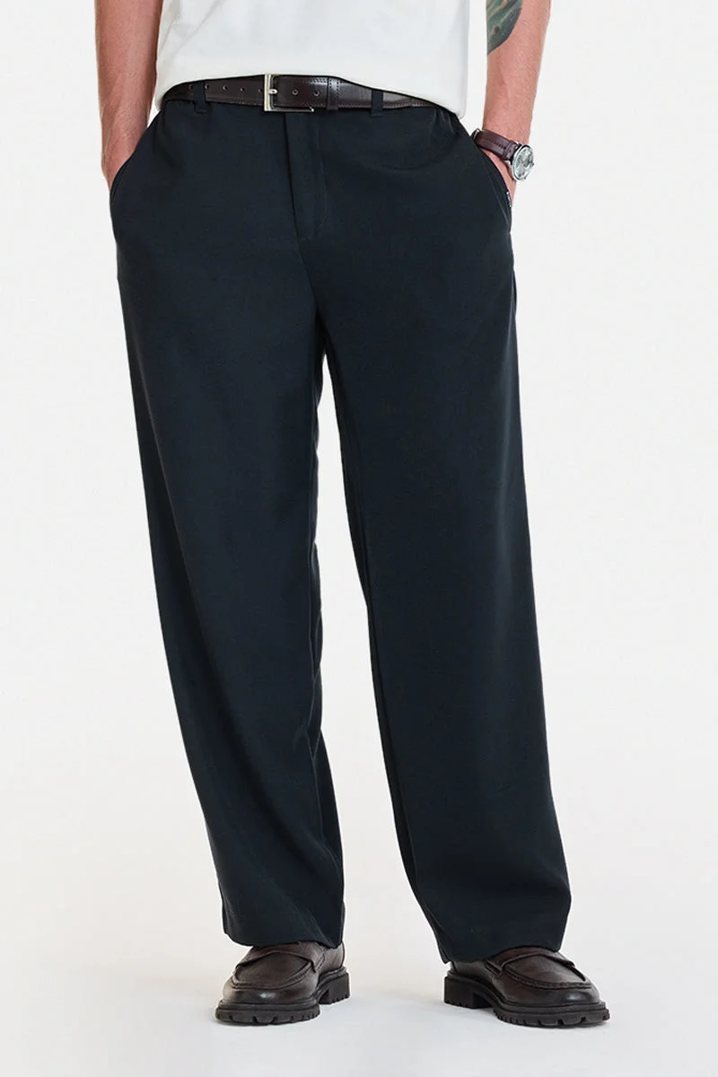SNITCH Navy Blue Textured Relaxed Casual Trousers