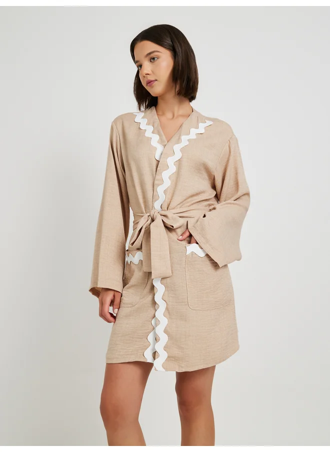 تايك تو Take Two Wave Lace Detail Long Sleeve Robe with Tie Belt