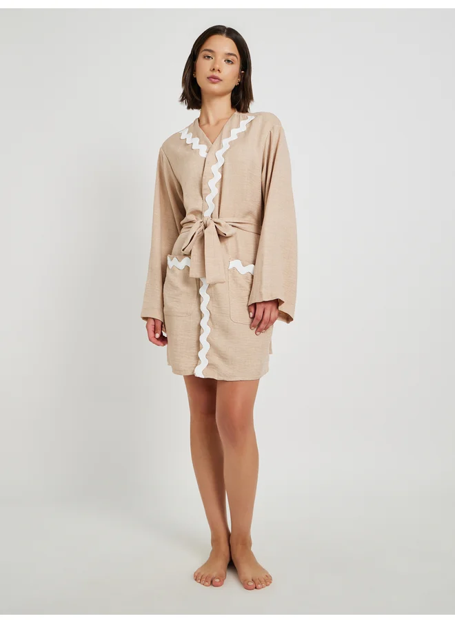 تايك تو Take Two Wave Lace Detail Long Sleeve Robe with Tie Belt