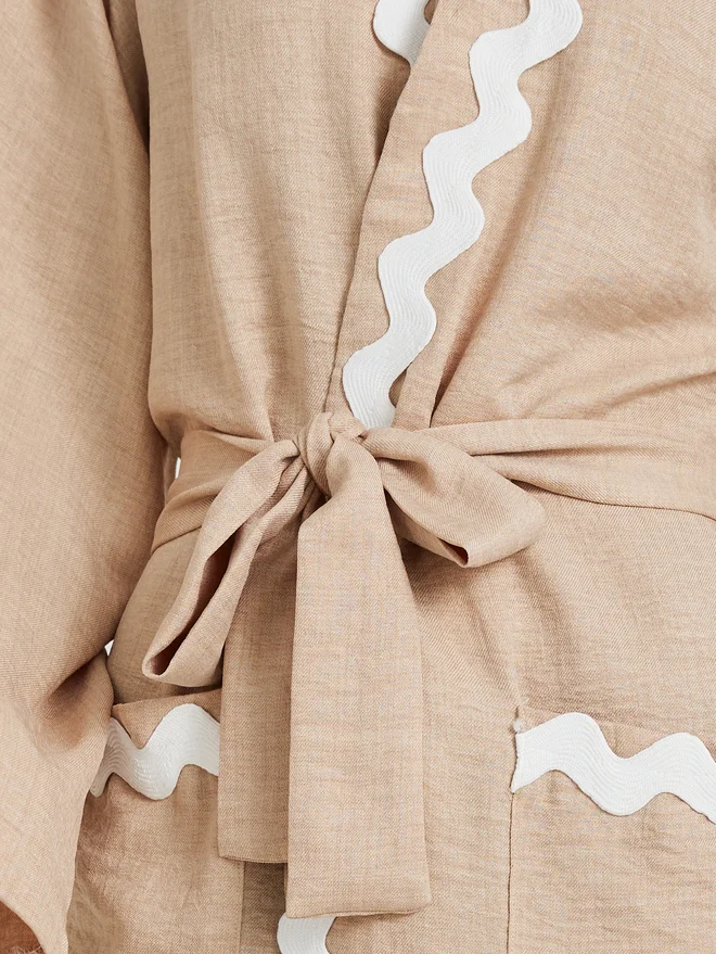 Take Two Take Two Wave Lace Detail Long Sleeve Robe with Tie Belt