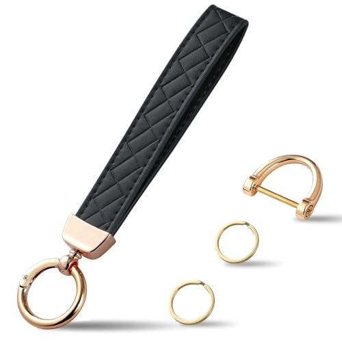 Weixiltc Leather Wristlet Keychain, Car Key Chain Holder with 2 Key Ring and Anti-Lost D Ring, Key Fob Wristband for Women (Black) - Image 1