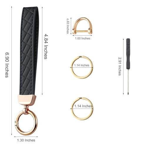 Weixiltc Leather Wristlet Keychain, Car Key Chain Holder with 2 Key Ring and Anti-Lost D Ring, Key Fob Wristband for Women (Black) - Image 2