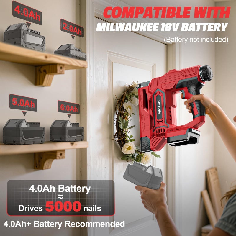 MtiolHig Cordless Brad Nailer 2-in-1 Compatible with Milwaukee 18V Battery, 5/8 to 1-1/4 Inch 18 Gauge Nail Gun with 2000 Nials for Wood Carpentry, Powered Electric, 2 Mode, Tool Only - Image 4