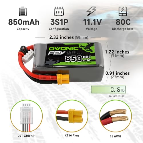 OVONIC Lipo Battery 850mAh 80C 11.1V 3S RC Battery with XT30 Connector for RC Plane DJI Quadcopter RC Airplane RC Helicopter RC Car Truck Boat 2pcs - Image 2