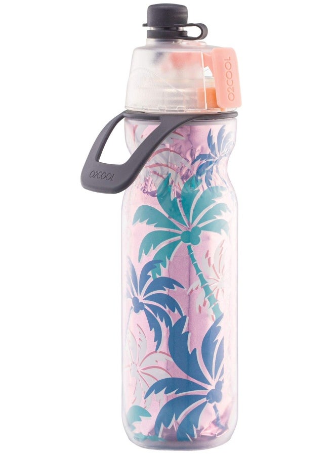 O2COOL Mist N Sip Misting Water Bottle 2-In-1 Mist And Sip Function With No Leak Pull Top Spout Sports Water Bottle Reusable Water Bottle - 20 Oz Pink Palm Tree  - Image 1