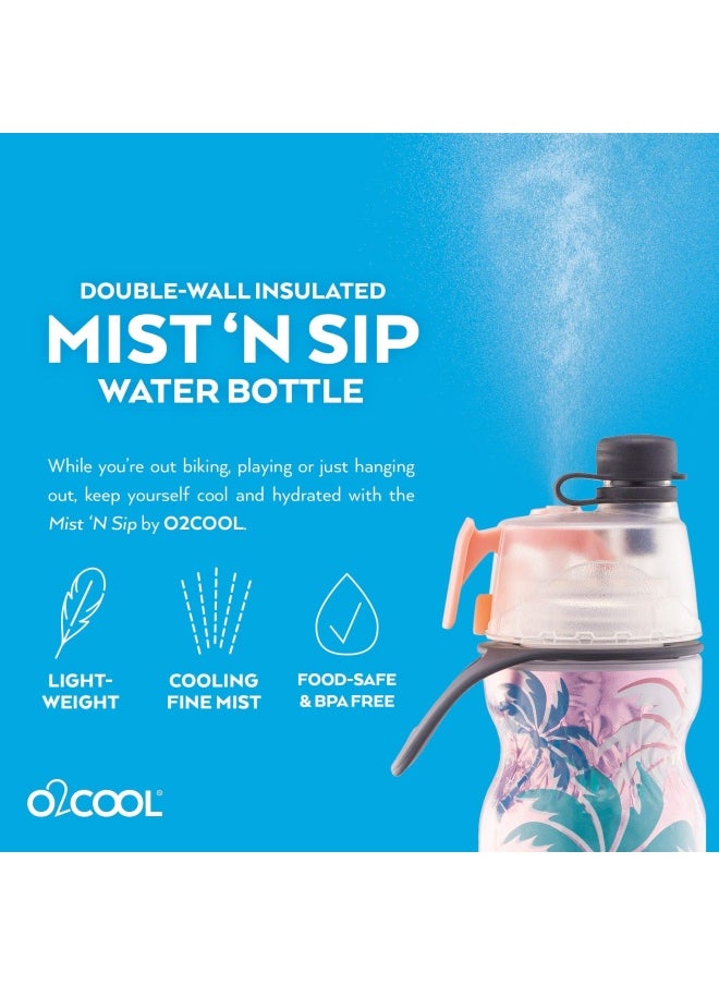 O2COOL Mist N Sip Misting Water Bottle 2-In-1 Mist And Sip Function With No Leak Pull Top Spout Sports Water Bottle Reusable Water Bottle - 20 Oz Pink Palm Tree  - Image 4