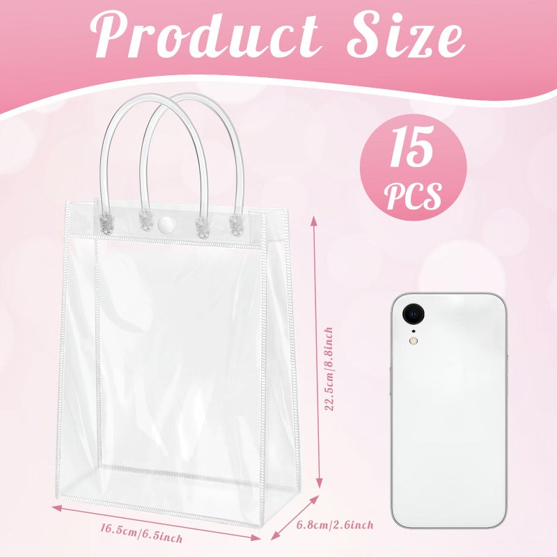 Okxiri 15 PCS Clear PVC Gift Bags with Handles,Small Reusable Plastic Party Favor Bags, Transparent Goodie Bags for Wedding,Baby Shower, Birthday (8.8" x 6.5" x 2.6") - Image 2