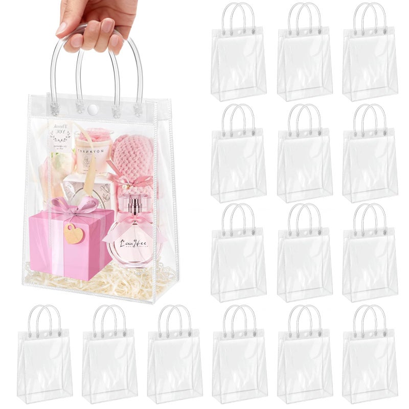 Okxiri 15 PCS Clear PVC Gift Bags with Handles,Small Reusable Plastic Party Favor Bags, Transparent Goodie Bags for Wedding,Baby Shower, Birthday (8.8" x 6.5" x 2.6") - Image 1