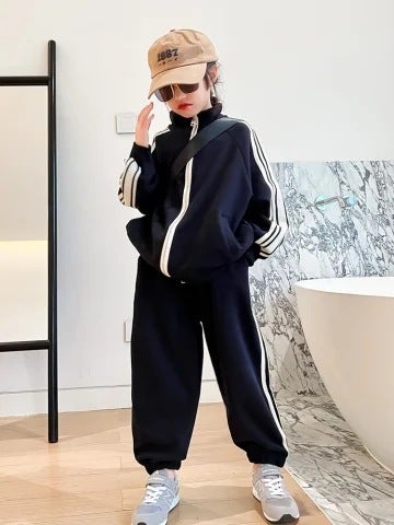 Girls Fashion Color Matching Pull suit 2024 Spring and Autumn Middle and Big Childrens Zipper Sweater All-match Sweater Two-piece Fashionable Black [suit]] 