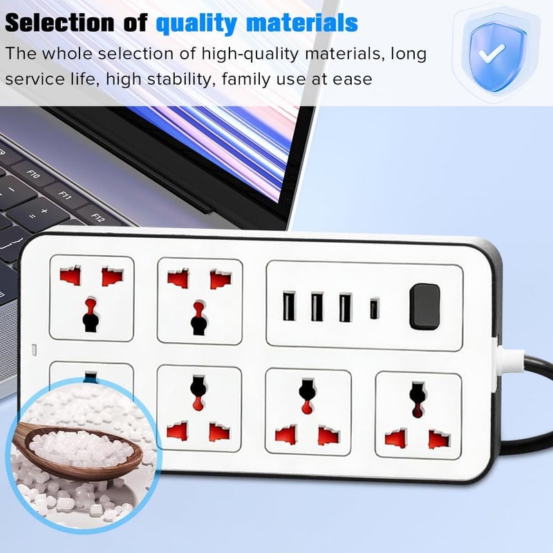 نكومي مقبس تمديد سلك الطاقة العالمي نيكومي، محول قابس حائط، مع (2.1A) 3 × USB، 1 × Type C و6 مجموعات من منافذ الطاقة الذكية، حماية من زيادة التيار، سلك طاقة بمقبس بريطاني للمكتب المنزلي (5 متر/أبيض) - Image 2
