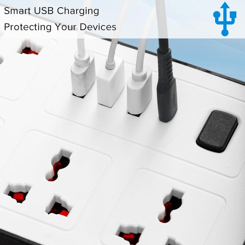 نكومي مقبس تمديد سلك الطاقة العالمي نيكومي، محول قابس حائط، مع (2.1A) 3 × USB، 1 × Type C و6 مجموعات من منافذ الطاقة الذكية، حماية من زيادة التيار، سلك طاقة بمقبس بريطاني للمكتب المنزلي (5 متر/أبيض) - Image 5