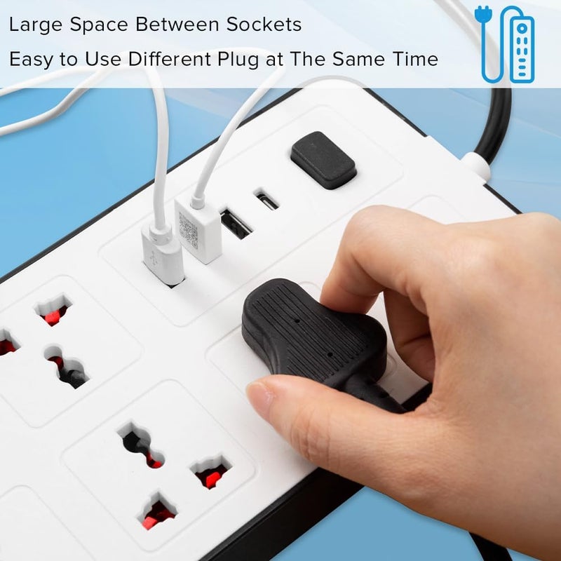نكومي مقبس تمديد سلك الطاقة العالمي نيكومي، محول قابس حائط، مع (2.1A) 3 × USB، 1 × Type C و6 مجموعات من منافذ الطاقة الذكية، حماية من زيادة التيار، سلك طاقة بمقبس بريطاني للمكتب المنزلي (5 متر/أبيض) - Image 4