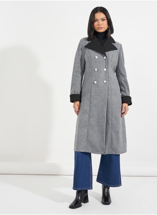 Styli Regular Fit Wool Like Contrast Collar Double Breasted Coat  - Image 1