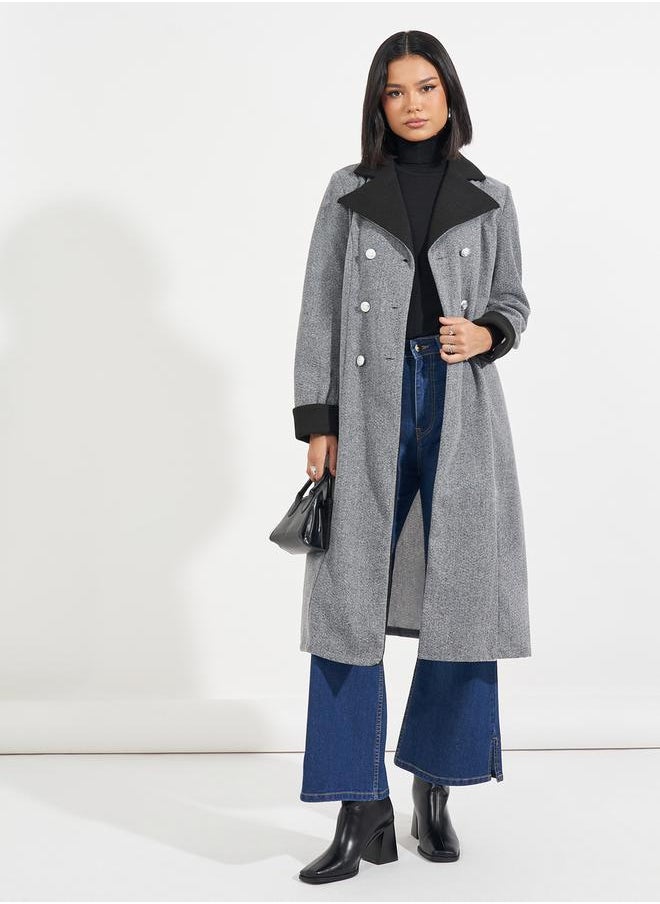 Styli Regular Fit Wool Like Contrast Collar Double Breasted Coat  - Image 2