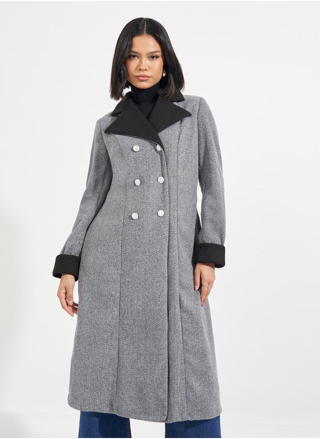 Styli Regular Fit Wool Like Contrast Collar Double Breasted Coat  - Image 3