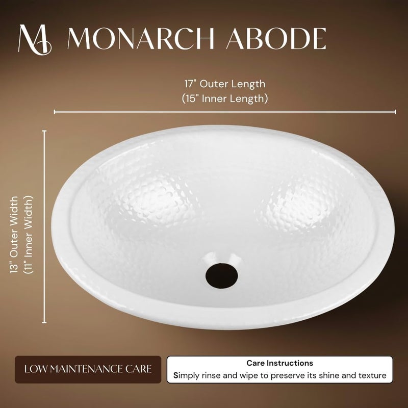 Monarch Abode Bathroom Sink – 17-Inch Oval Drop In Bathroom Sink, Top Mount Hand Hammered Classic White Vanity Sinks for Countertop, Powder Room, Guest Bath or Restroom, Drop in Sinks for Bathrooms - Image 2