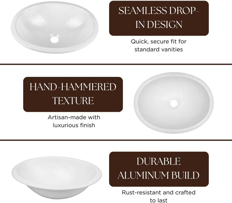 Monarch Abode Bathroom Sink – 17-Inch Oval Drop In Bathroom Sink, Top Mount Hand Hammered Classic White Vanity Sinks for Countertop, Powder Room, Guest Bath or Restroom, Drop in Sinks for Bathrooms - Image 4