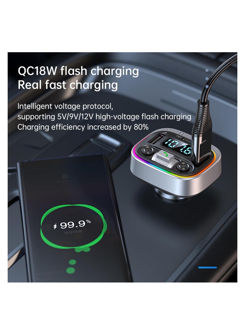 Excefore Bluetooth Adapter for Car, Type-C PD 20W+ QC3.0 Fast USB Charger,Wireless FM Radio Transmitter, Handsfree Calling & Audio Receiver, MP3 Music Player, 7 Colors LED Backlit  - Image 4