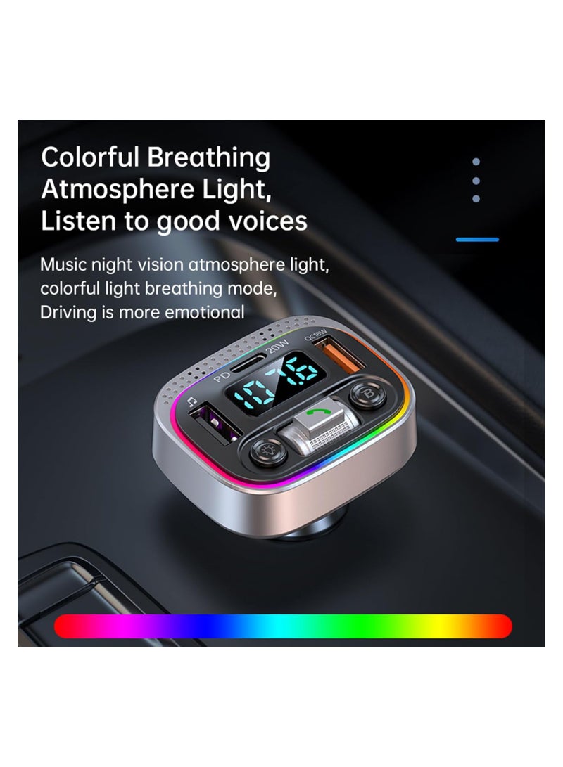 Excefore Bluetooth Adapter for Car, Type-C PD 20W+ QC3.0 Fast USB Charger,Wireless FM Radio Transmitter, Handsfree Calling & Audio Receiver, MP3 Music Player, 7 Colors LED Backlit  - Image 2