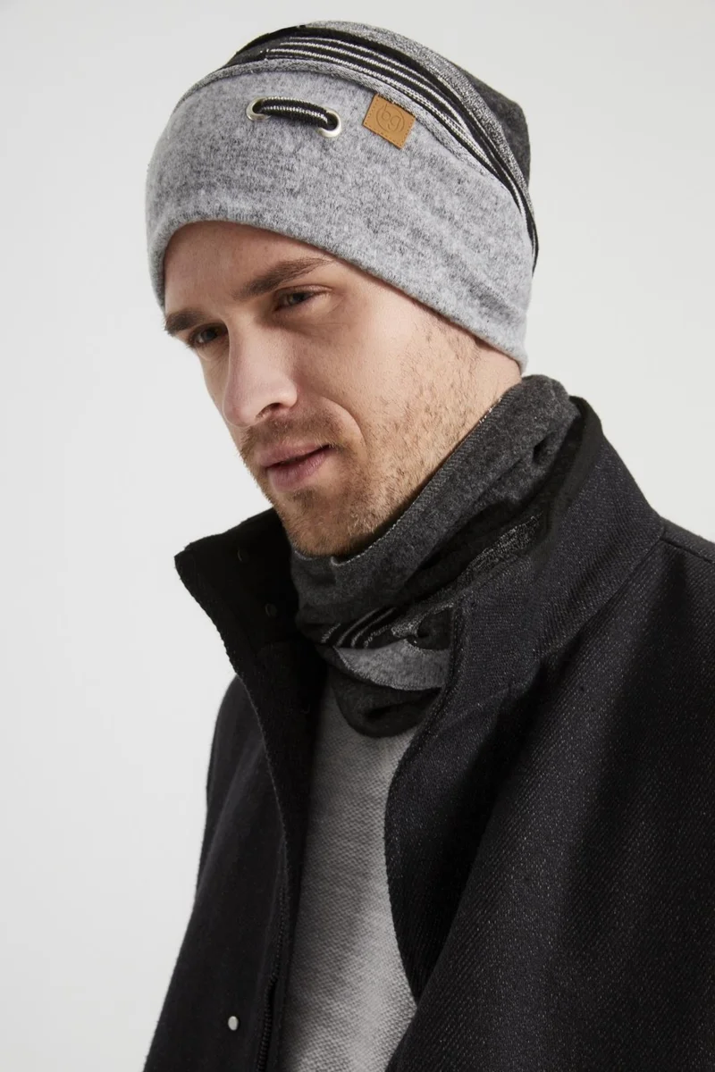 Butikgiz Gray Black Men's Young Best Of Gray Piece Hat Beanie Neck Collar Suit Sports Comfortable Cotton Thermal