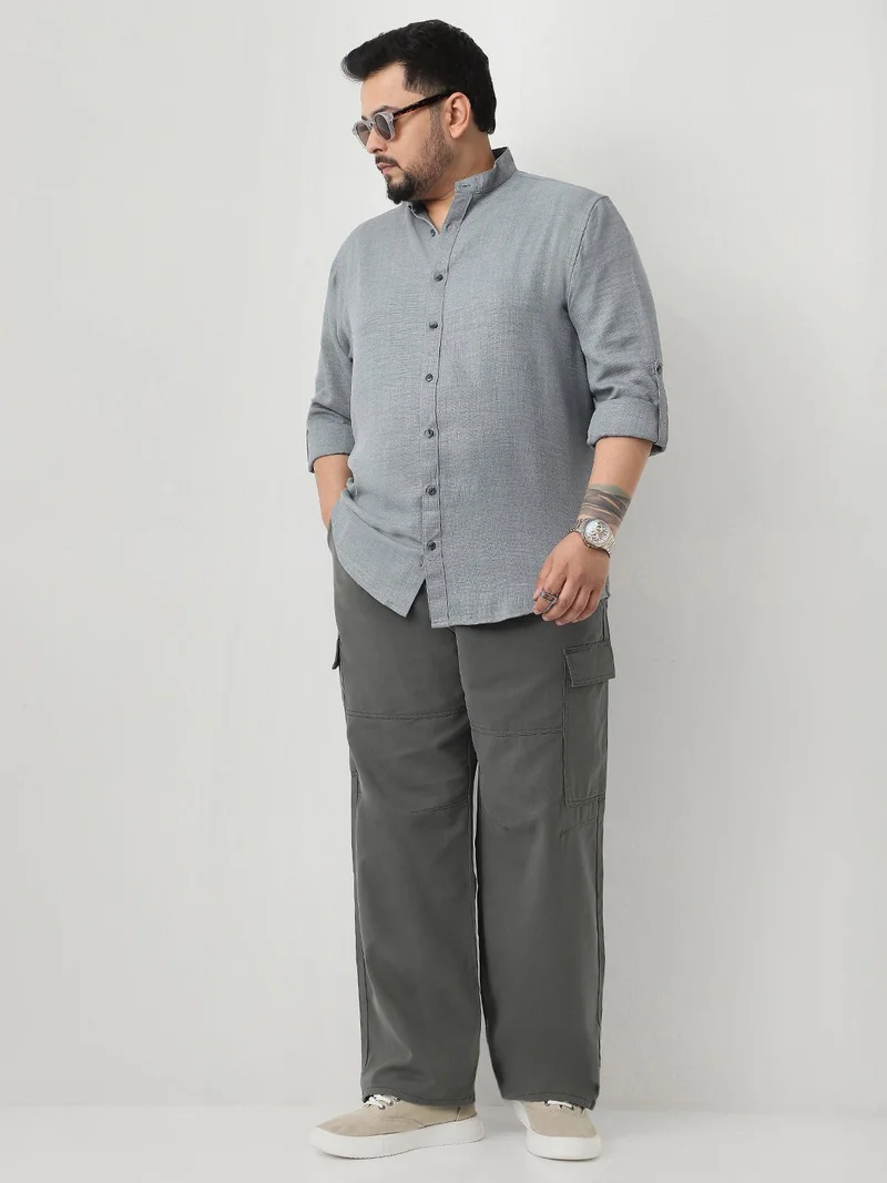 Urbano Fashion  Urbano Plus Men's Metallic Blue Linen Blend Full Sleeve Relaxed Fit Mandarin Collar Casual Solid Shirt  | Best Price UAE