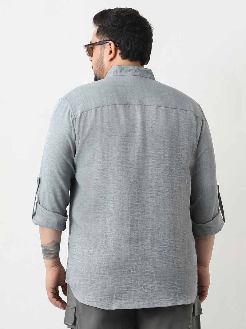 Urbano Fashion  Urbano Plus Men's Metallic Blue Linen Blend Full Sleeve Relaxed Fit Mandarin Collar Casual Solid Shirt  | Best Price UAE