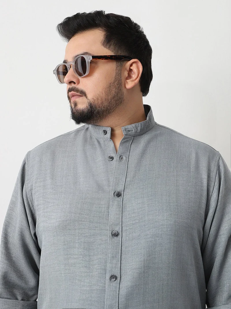 Urbano Fashion  Urbano Plus Men's Metallic Blue Linen Blend Full Sleeve Relaxed Fit Mandarin Collar Casual Solid Shirt  | Best Price UAE