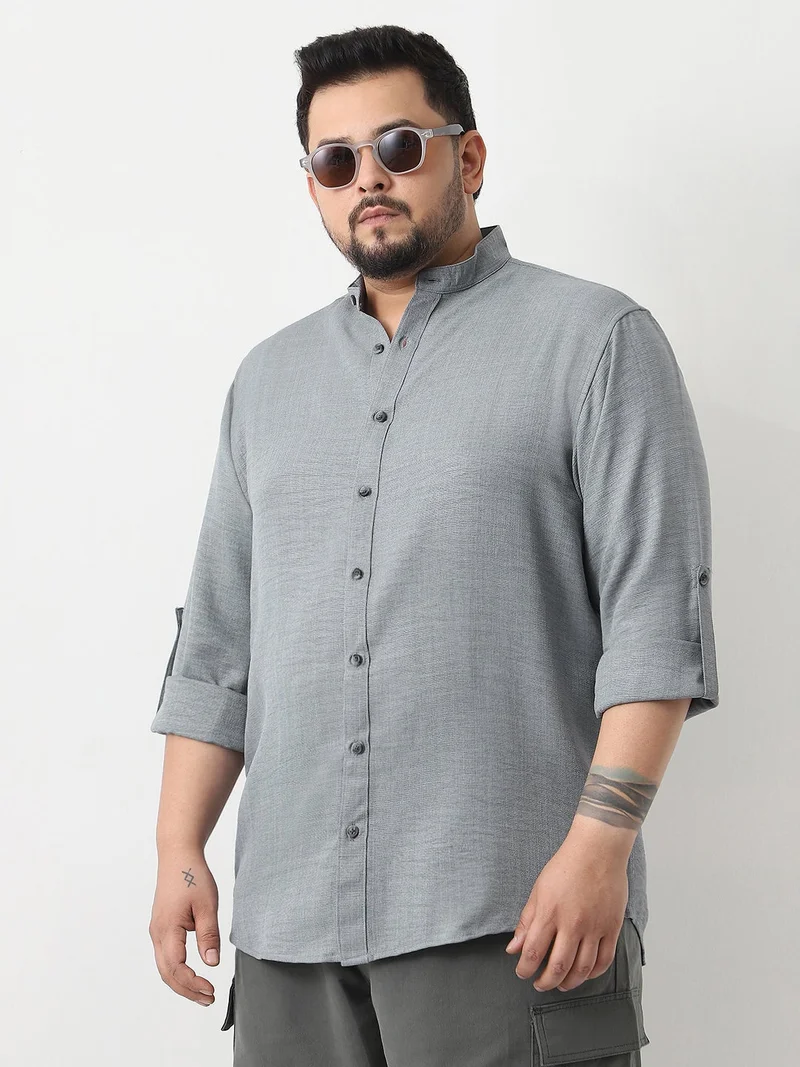 Urbano Plus Men's Metallic Blue Linen Blend Full Sleeve Relaxed Fit Mandarin Collar Casual Solid Shirt