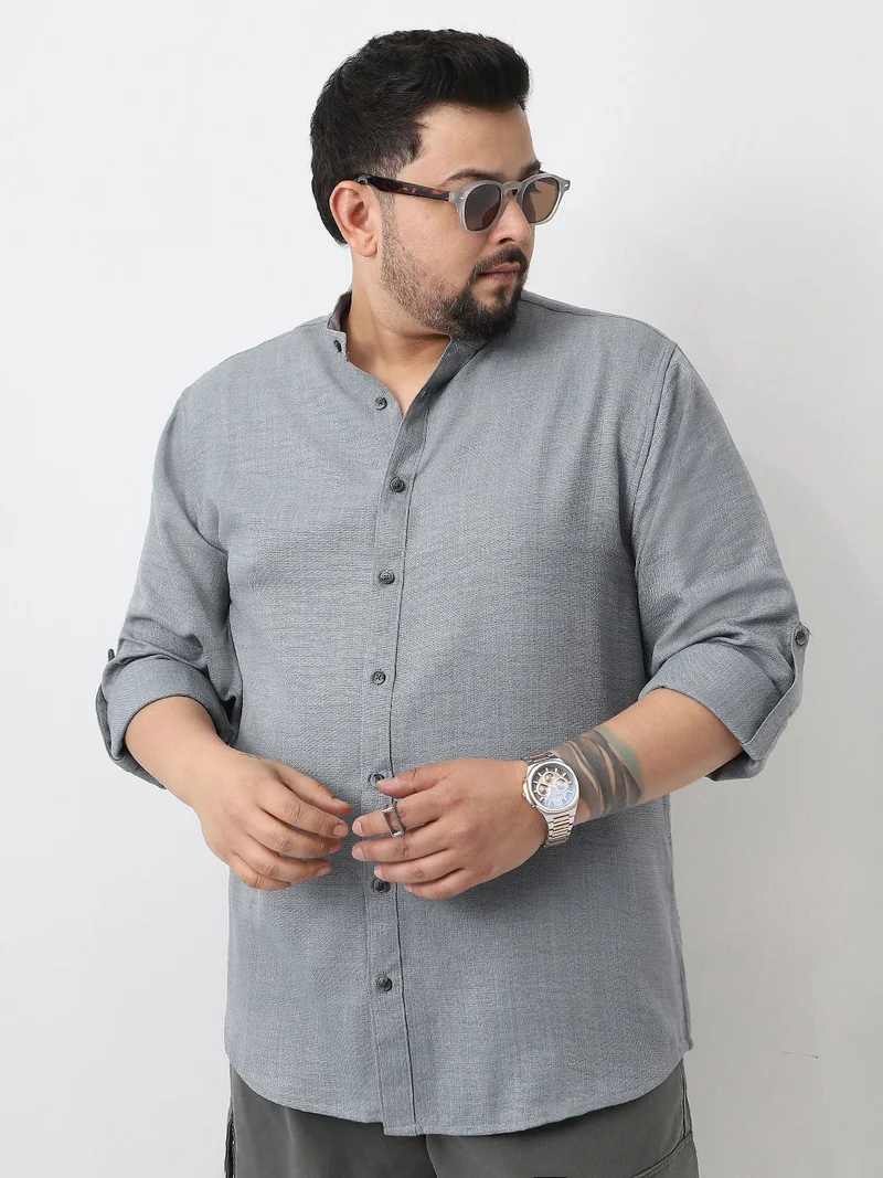 Urbano Fashion  Urbano Plus Men's Metallic Blue Linen Blend Full Sleeve Relaxed Fit Mandarin Collar Casual Solid Shirt  | Best Price UAE