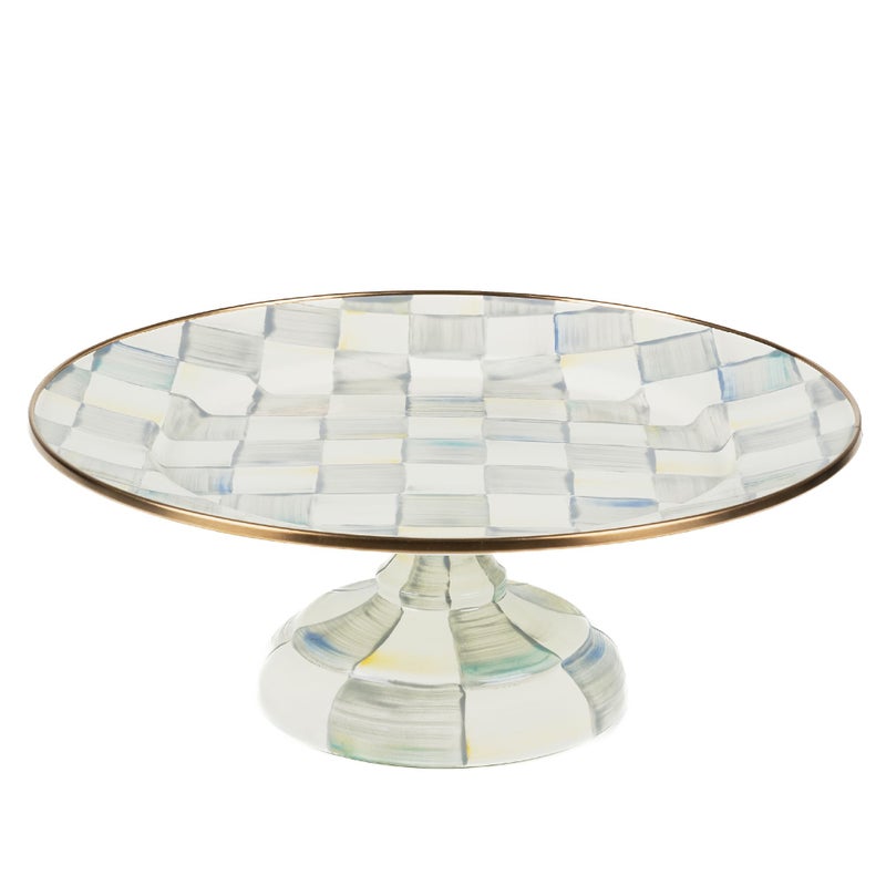 mackenzie childs MACKENZIE-CHILDS Enamel Pedestal Platter, Round Cake Stand, Small, Gray-and-White Sterling Check - Image 1
