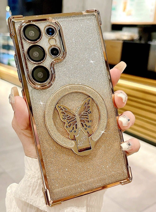 for Samsung S25 Ultra Case，Full Camera Lens Protector，Sparkly Magnetic ，Butterfly Stand，Glitter Bling Gradient Samsung S25 Ultra Cover，Elegant Shockproof Phone Case for Women Girls，Gold - Image 1